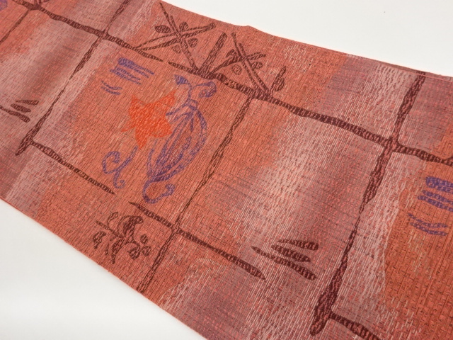 変わり格子に抽象花模様織出し名古屋帯